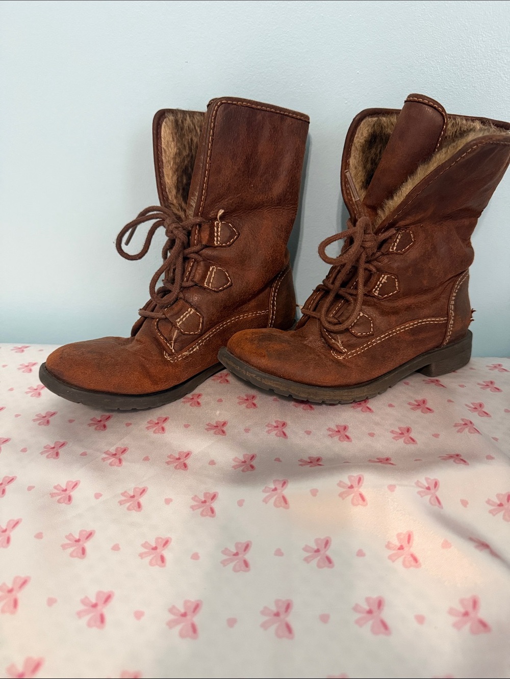 Girls Brown Lace-Up Faux-Fur Ankle Boots